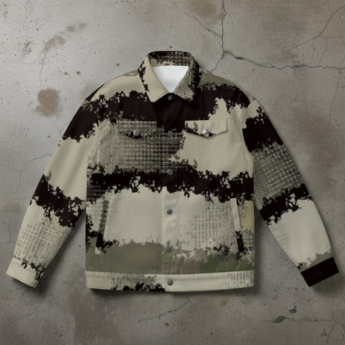 Ptahra Unisex Beige/Black Smudge Line Pattern Collared Jacket