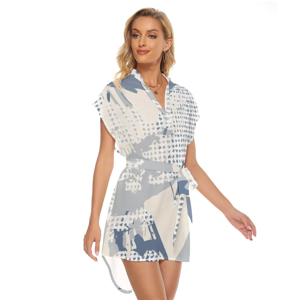 Ptahra B Women's Light Beige/Blue Grey Design Stand-up Collar Casual Dress with Belt