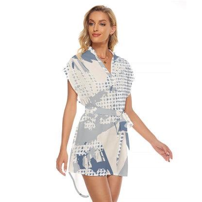 Ptahra B Women's Light Beige/Blue Grey Design Stand-up Collar Casual Dress with Belt