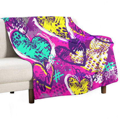 Ptahra Bright Pink/Purple Multi-Color Heart Pattern Single-Side Flannel Blanket