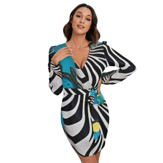 Ptahra B White/Black Zebra Style Line with Blue Women's Long Sleeve Dress with Waist Belt