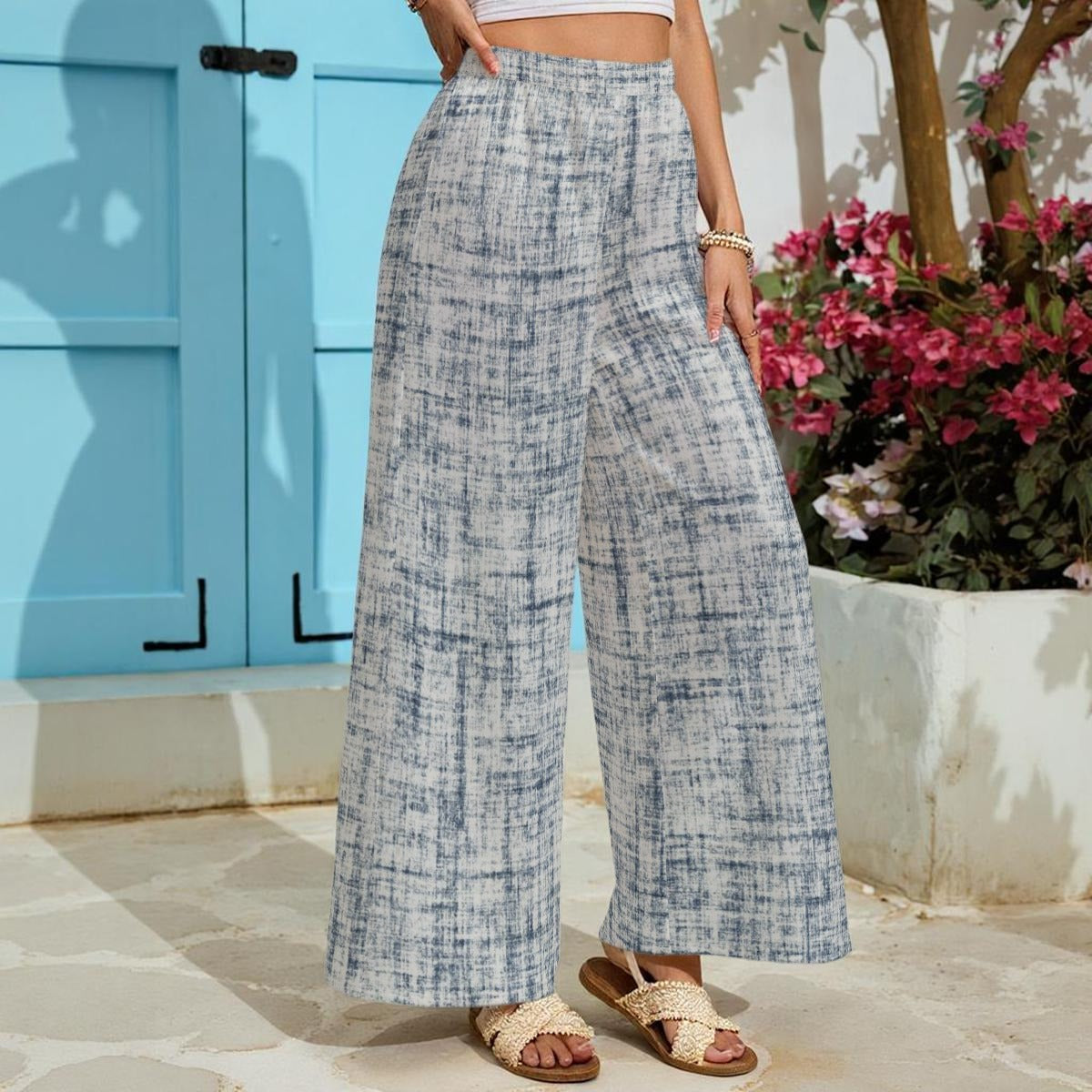 Ptahra Women's White/Blue Line Pattern  Lightweight Wide-Leg Pants With Pockets