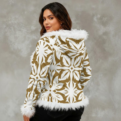 Ptahra Women's Brown/White Leaf Floral Pattern Faux Fur Trim Hooded Jacket | Velvet