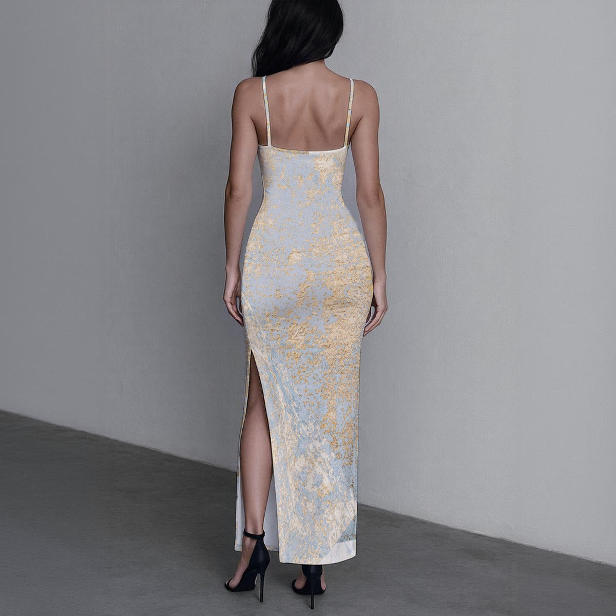 Ptahra B Women's White/Yellowish Gold Artistic Long Dress with Slit