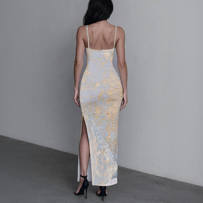 Ptahra B Women's White/Yellowish Gold Artistic Long Dress with Slit