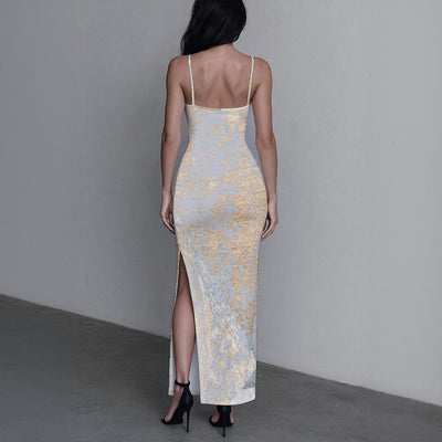 Ptahra B Women's White/Yellowish Gold Artistic Long Dress with Slit