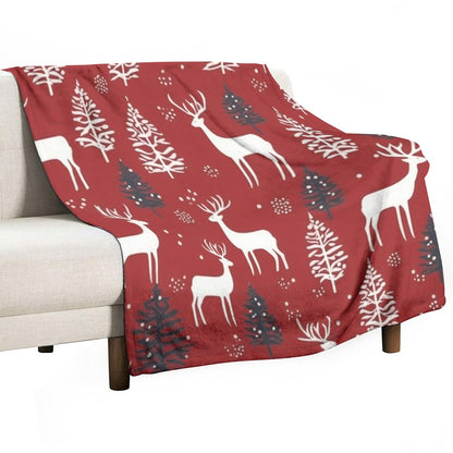 Ptahra Burgundy Red Christmas Deer Single-Side Flannel Blanket