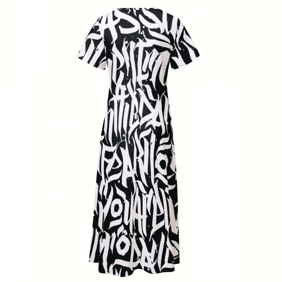 Ptahra B Women's Black/White Writing V-neck Dress With Side Slit