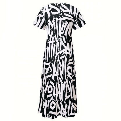 Ptahra B Women's Black/White Writing V-neck Dress With Side Slit