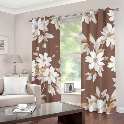 Ptahra Brown/White Floral Leaf Blackout Grommet Curtains