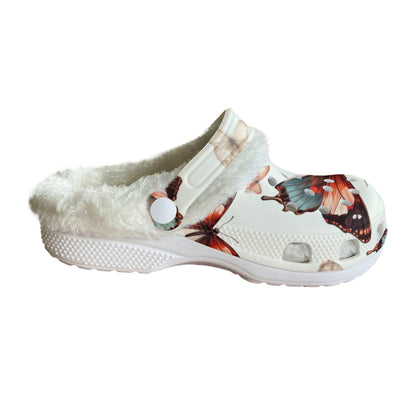 Ptahra B Women's White/Brown/Butterfly Classic Clogs with Fleece