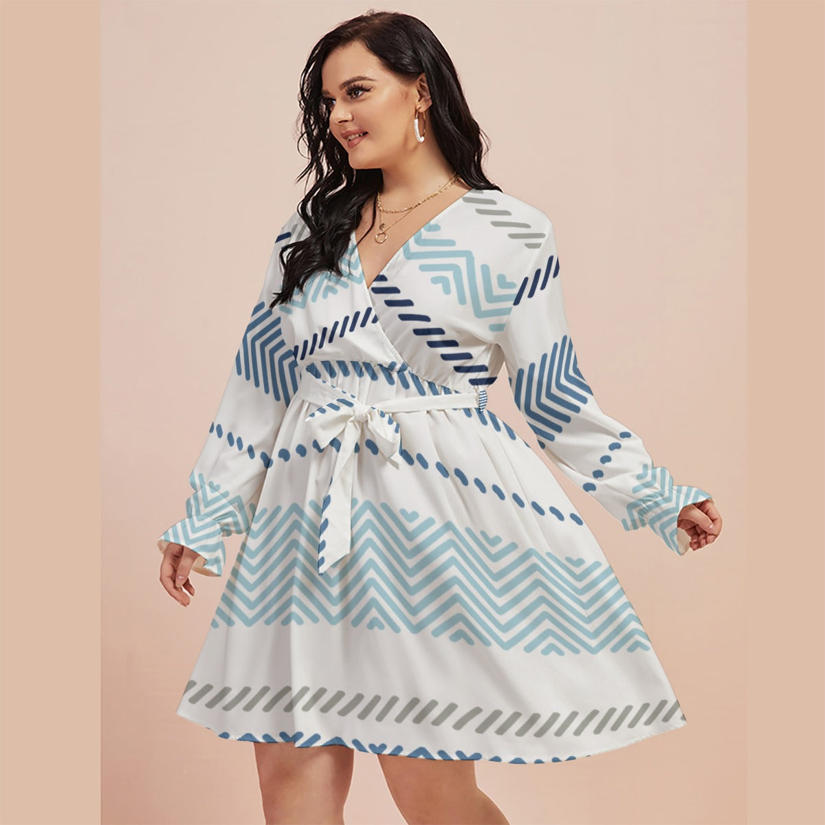 Ptahra B Women's White/Blue/Grey Multi-Pattern V-neck Dress with Waistband