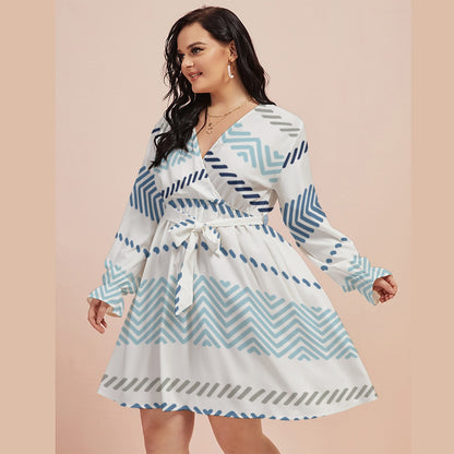 Ptahra B Women's White/Blue/Grey Multi-Pattern V-neck Dress with Waistband