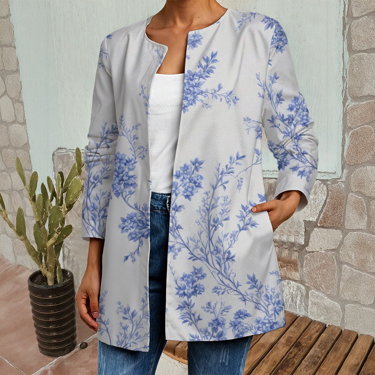 Ptahra B Women's White/Blue Floral Faux Sweater Cardigan