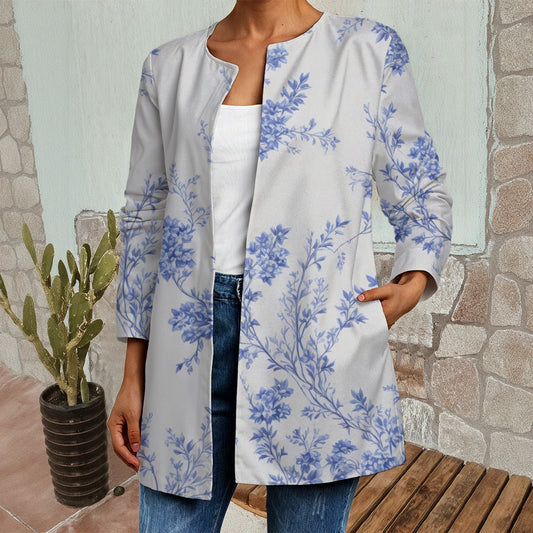 Ptahra B Women's White/Blue Floral Faux Sweater Cardigan
