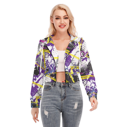 Ptahra B White/Black/Yellow/Purple Graphic Women's Crop Top Hoodie with Zipper Closure