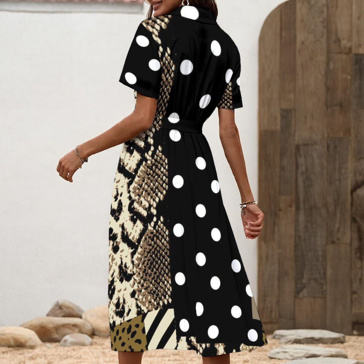 Ptahra B Women's Black/White Pock-a-Dot with Snake Print Shirt Dress with Waist Tie