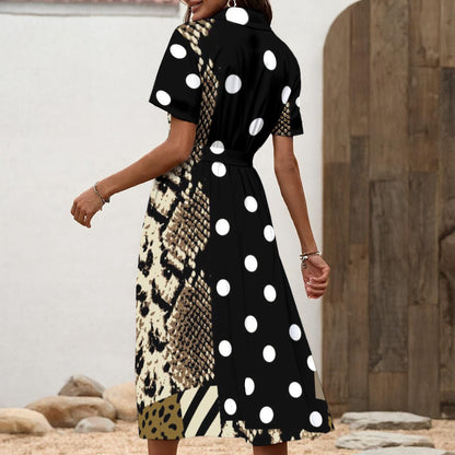 Ptahra B Women's Black/White Pock-a-Dot with Snake Print Shirt Dress with Waist Tie