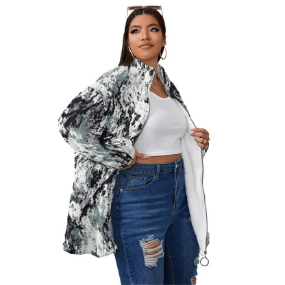 Ptahra B Grey/White/Black Borg Fleece Stand-up Collar Coat with Zipper Closure (Plus Size)