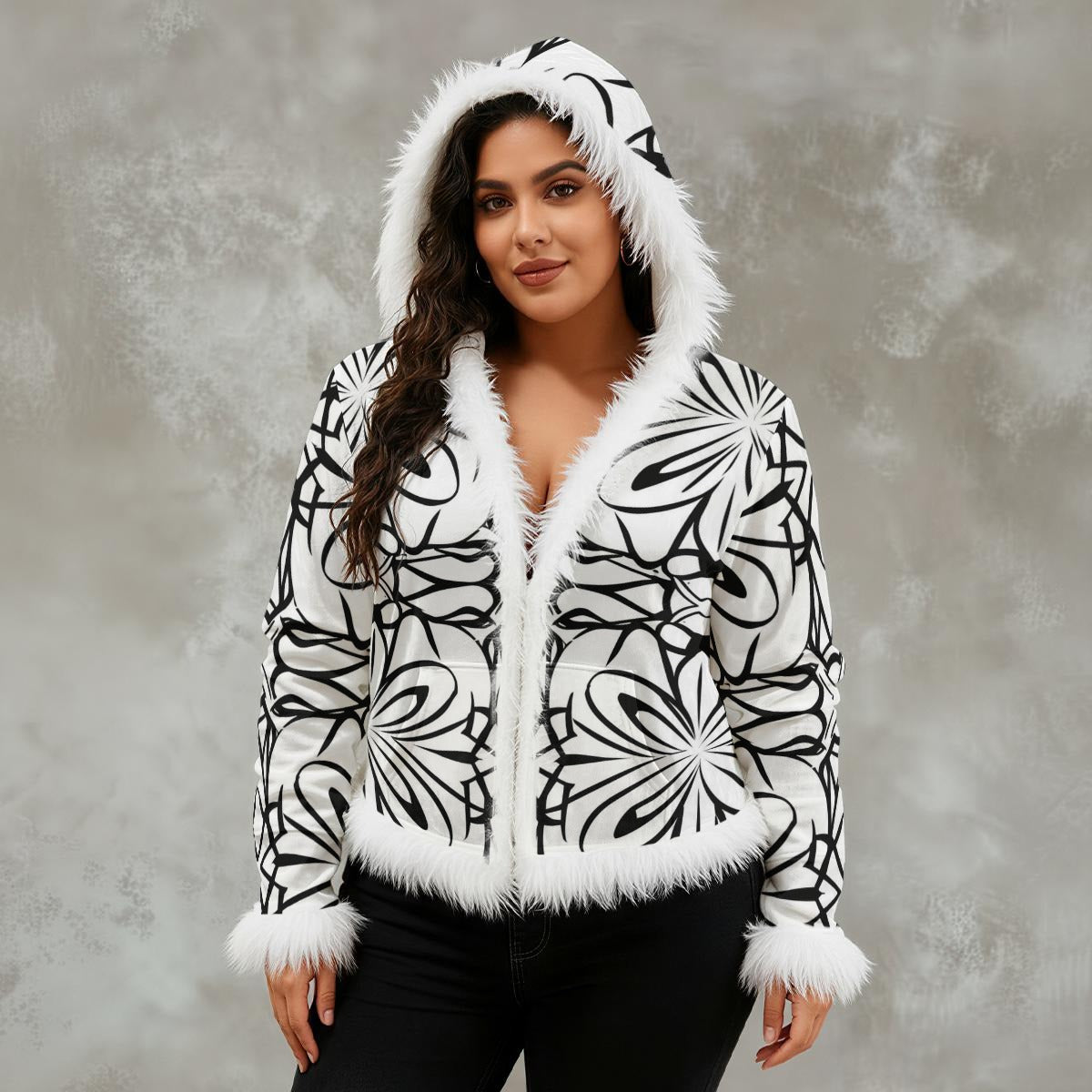 Ptahra Women's White/Black Floral Line Pattern Faux Fur Trim Hooded Jacket | Velvet