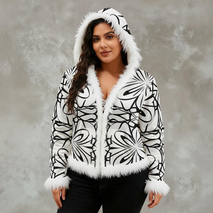 Ptahra Women's White/Black Floral Line Pattern Faux Fur Trim Hooded Jacket | Velvet