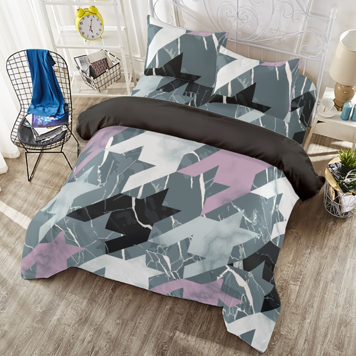 Ptahra B Grey/Purple/Black with White Four-piece Duvet Cover Set