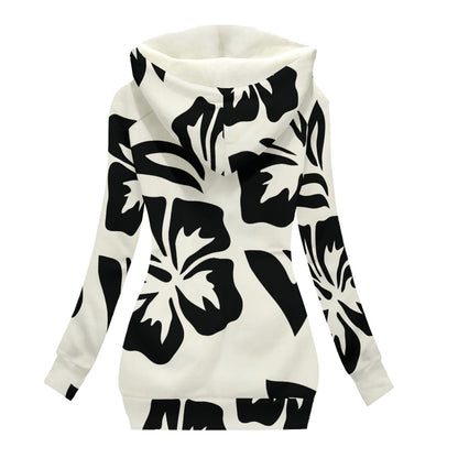 Ptahra Women's White/Black Floral Long Jacket With Fleece Lining