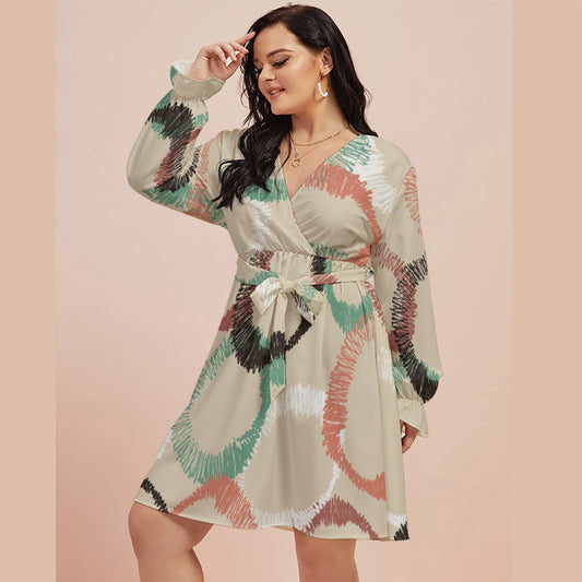 Ptahra B Women's Beige/Pink/Green with Black Circle Pattern V-neck Dress with Waistband