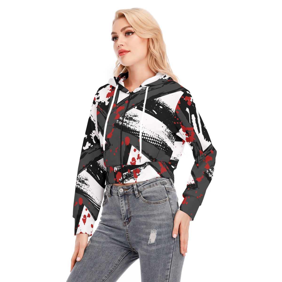 Ptahra B White/Grey/Black/Red Graphic Women's Crop Top Hoodie with Zipper Closure