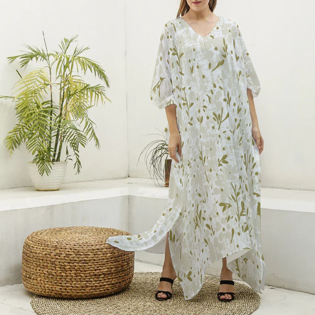 Ptahra B Women's Thin Leaf Pattern Imitation Silk V-neck Kaftan Robe