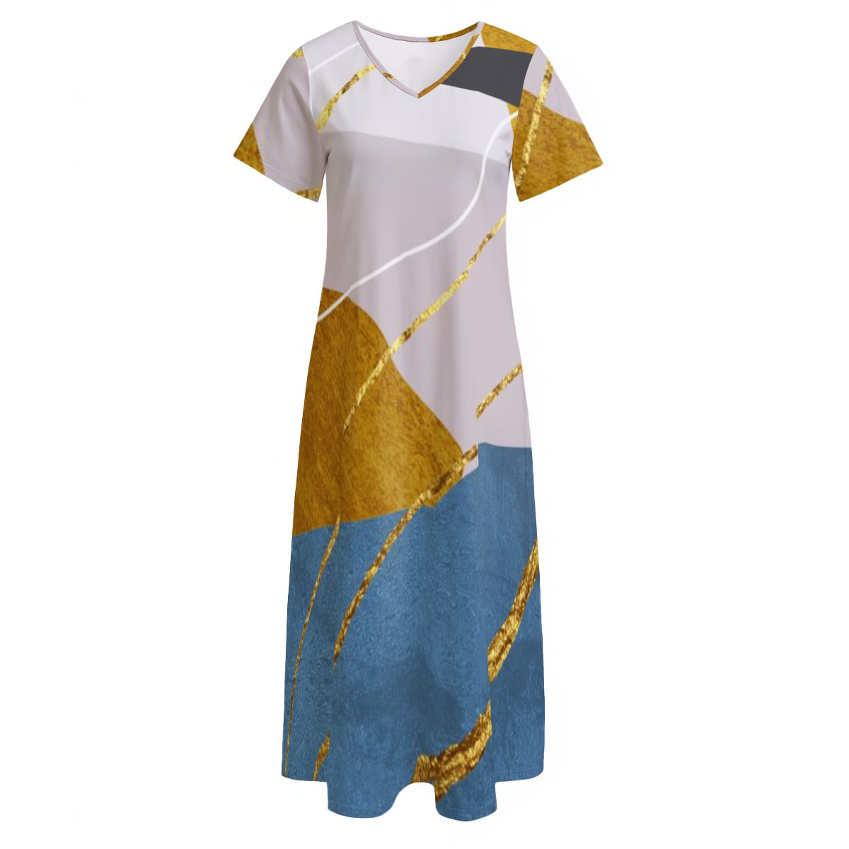 Ptahra B Women's White/Blue/Mustard Yellow with Gold V-neck Dress With Side Slit