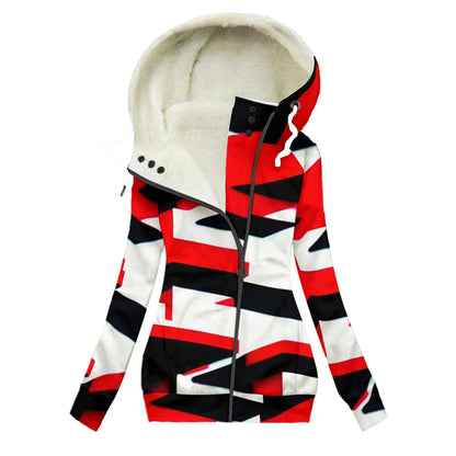 Ptahra Women's White/Red/Black Modern Long Jacket With Fleece Lining