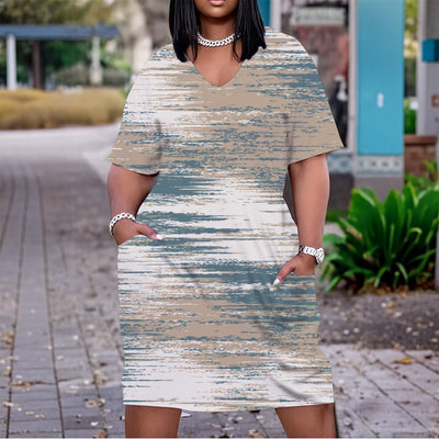 Ptahra B Women's Blue/Brown/White Swish Paint V Neck Short Sleeve Dress/Plus Size