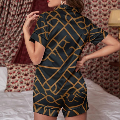 Ptahra B Women's Black/Light Brown Line Design Imitation Silk Pajama Set With Short Sleeve