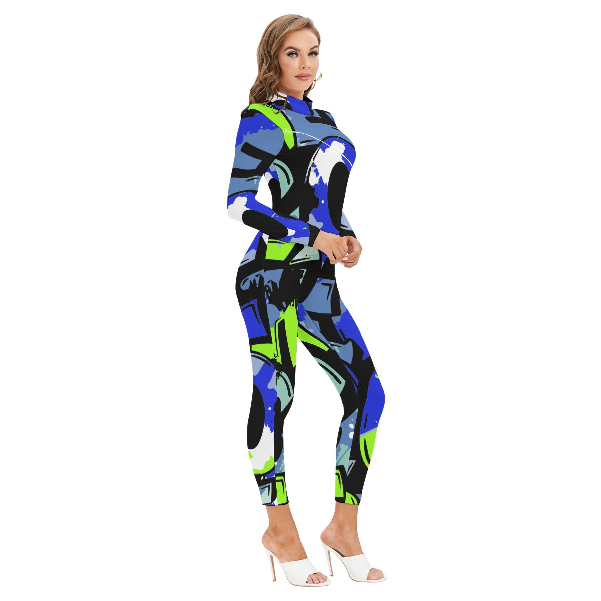 Ptahra B Women's Blue/Grey/Lime Green Graphic Art Long-sleeved High-neck Jumpsuit with Zipper