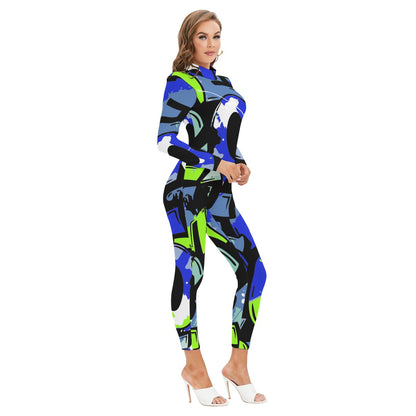 Ptahra B Women's Blue/Grey/Lime Green Graphic Art Long-sleeved High-neck Jumpsuit with Zipper