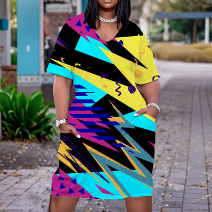 Ptahra B Women's Retro Style V Neck Short Sleeve Dress/Plus Size