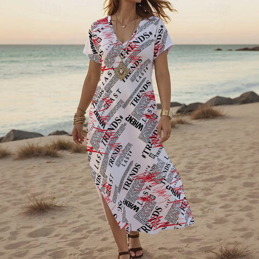 Ptahra B Women's White/Red/Black "Trends" V-neck Dress With Side Slit