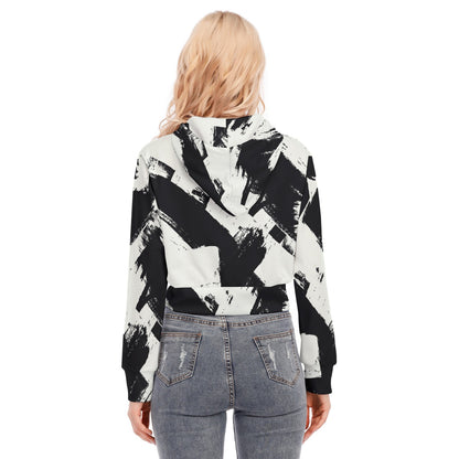 Ptahra B Women's Black/White Pattern Crop Top Hoodie with Zipper Closure