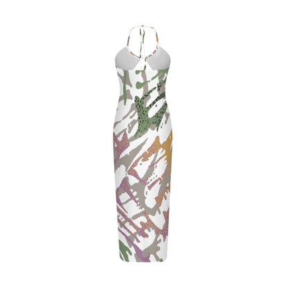 Ptahra Women's White Multi-Colorful Artistic Splat Line Design Sexy Hollow Cami Dress