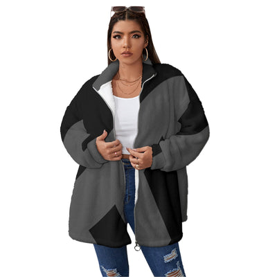Ptahra B Black/Grey Borg Fleece Stand-up Collar Coat With Zipper Closure(Plus Size)
