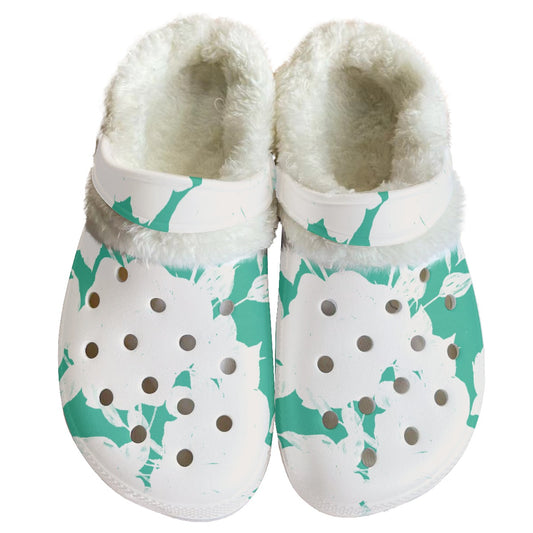 Ptahra B Women's White Floral on Green Classic Clogs with Fleece
