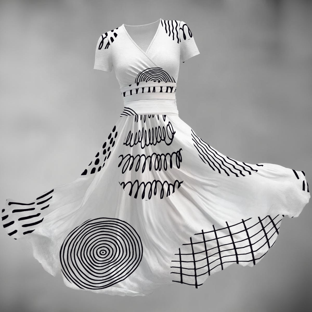 Ptahra Women's White/Black Multi-Line Patterns Short Sleeve V Neck Midi Dress