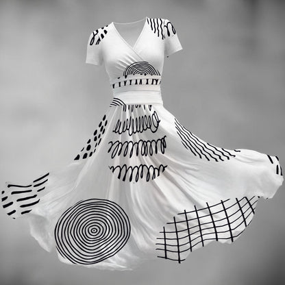 Ptahra Women's White/Black Multi-Line Patterns Short Sleeve V Neck Midi Dress