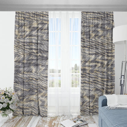 Ptahra B Squiggly Gey Line Pattern Blackout Curtains with Hooks
