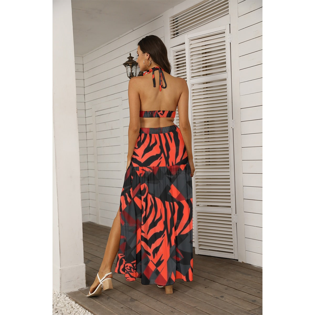 Ptahra B Women's Orangi Red/Animal Pattern Tie Back Wrap Dress