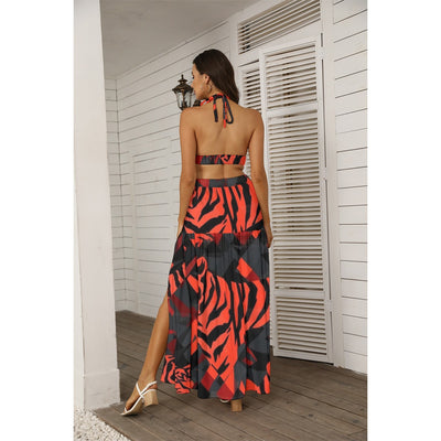 Ptahra B Women's Orangi Red/Animal Pattern Tie Back Wrap Dress