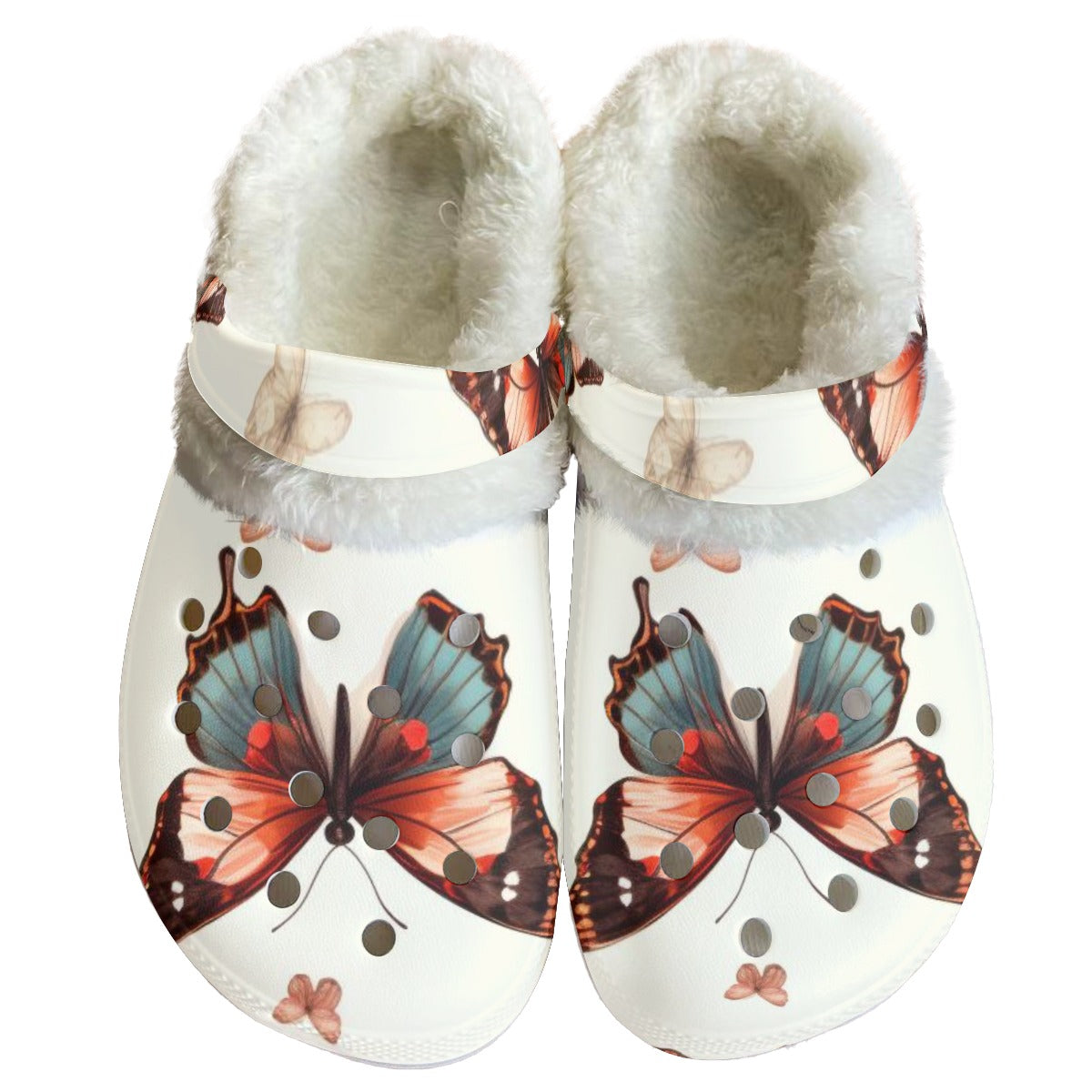 Ptahra B Women's White/Brown/Butterfly Classic Clogs with Fleece