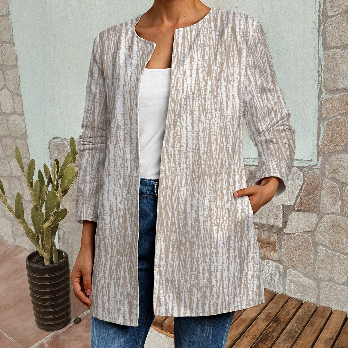 Ptahra B Women's Beige/White Zigzag Style Faux Sweater Cardigan