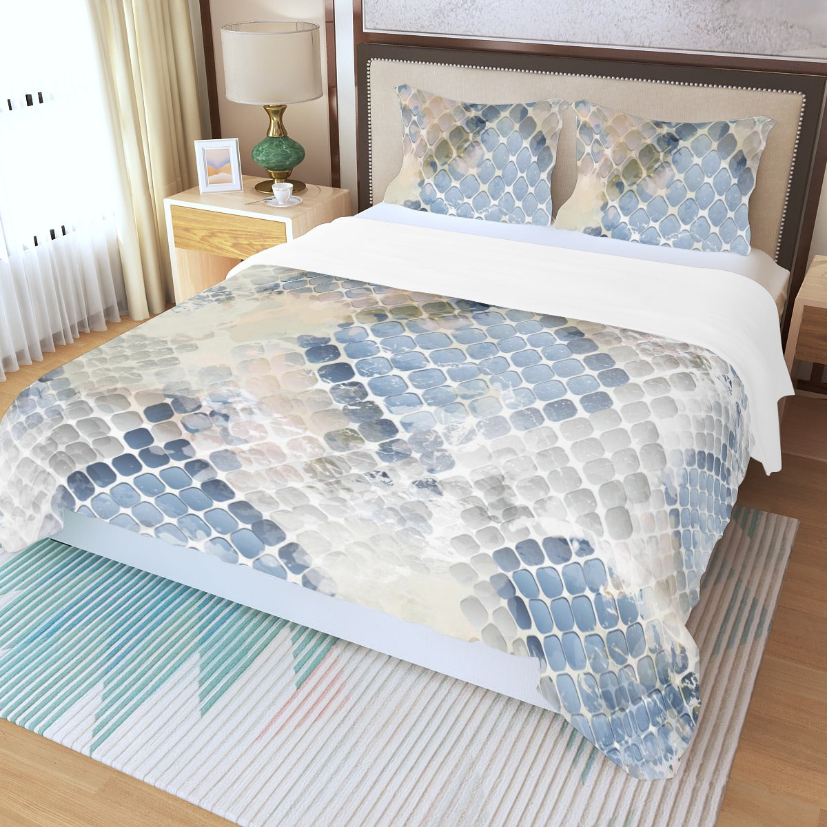 Ptahra Blue/Beige Scale Type Pattern Beachie Three Piece Duvet Bedding Set